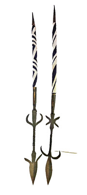 2 -spear cast iron wood blue white beads arrow tribal southwest 22 & 23in''- G5