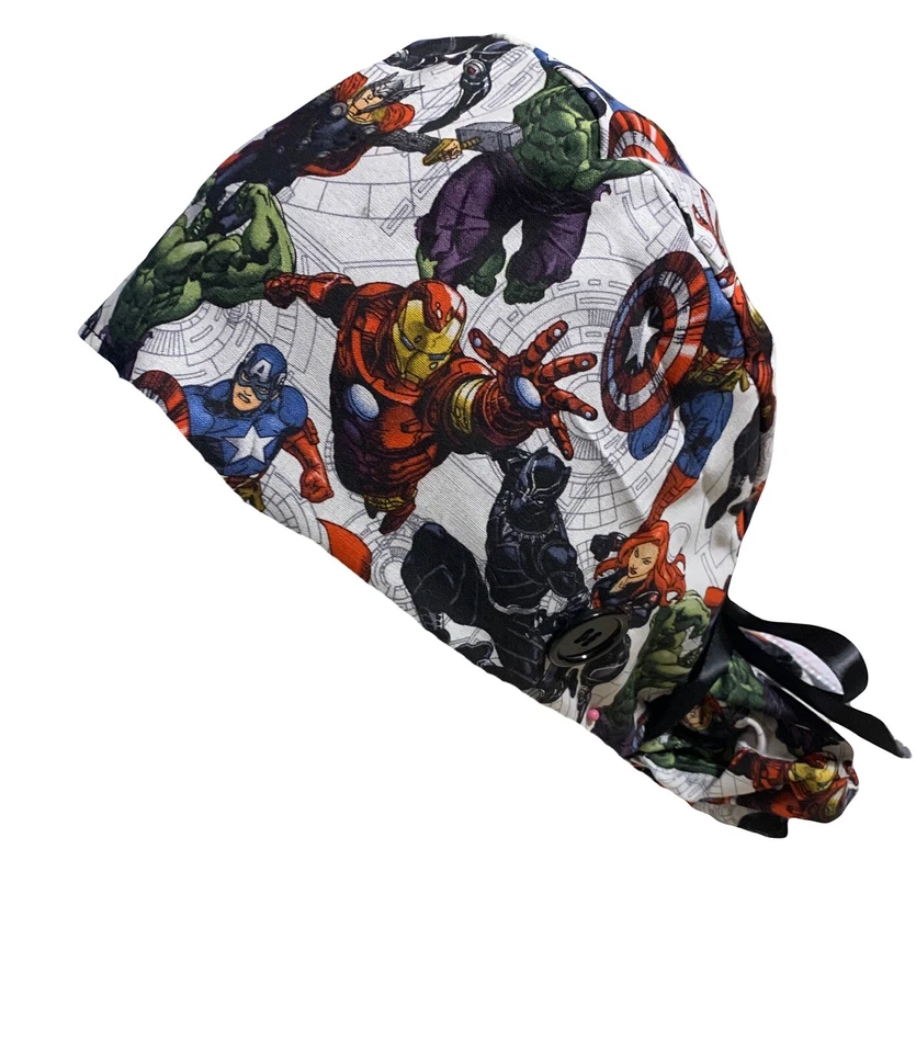 Super Hero SATIN LINED Scrub Cap Ponytail Hat Long Hair Protection Nurse Hat - Image 2 of 4