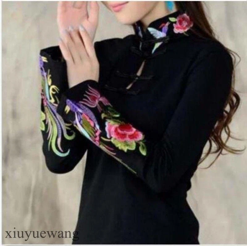 Blusa retrô étnica feminina bordada floral manga longa top camiseta fina vintage - Imagem 3 de 4