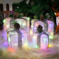 Pre-Lit Christmas Gift Box Set of 4 - Battery Operated Indoor/Outdoor Decor