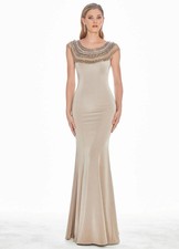 Ashley Lauren Taupe Beaded Fringe Crepe Gown Size 6 $478