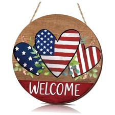 4th of July Wooden Hanging Door Sign Patriotic Heart Welcome Sign Flag