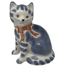 Vintage RYE Studio Pottery Cat Hand Painted Blue & Grey With Red Bow 8" Signed