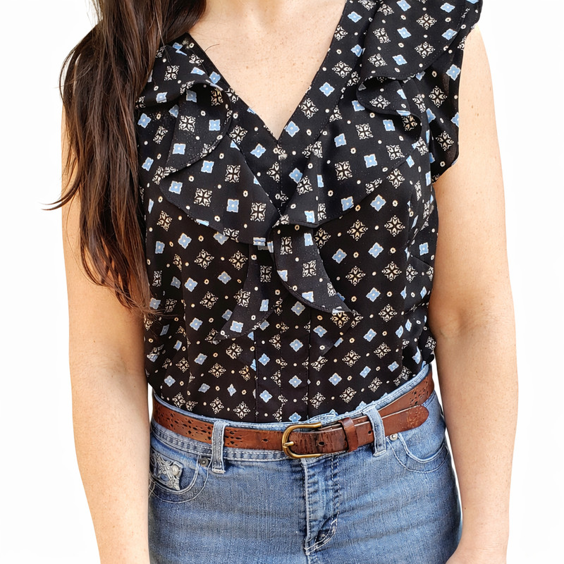 Liz Claiborne Black Geometric Print Blouse – Women’s Size Small – Cap Sleeve Ruf