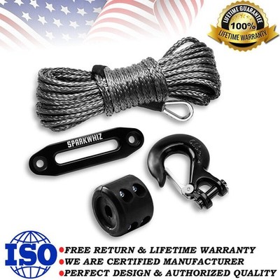 SPARKWHIZ 1/4'' x 50' Synthetic Winch Rope Cable 8,200 lbs w/Sleeve + Winch Hook