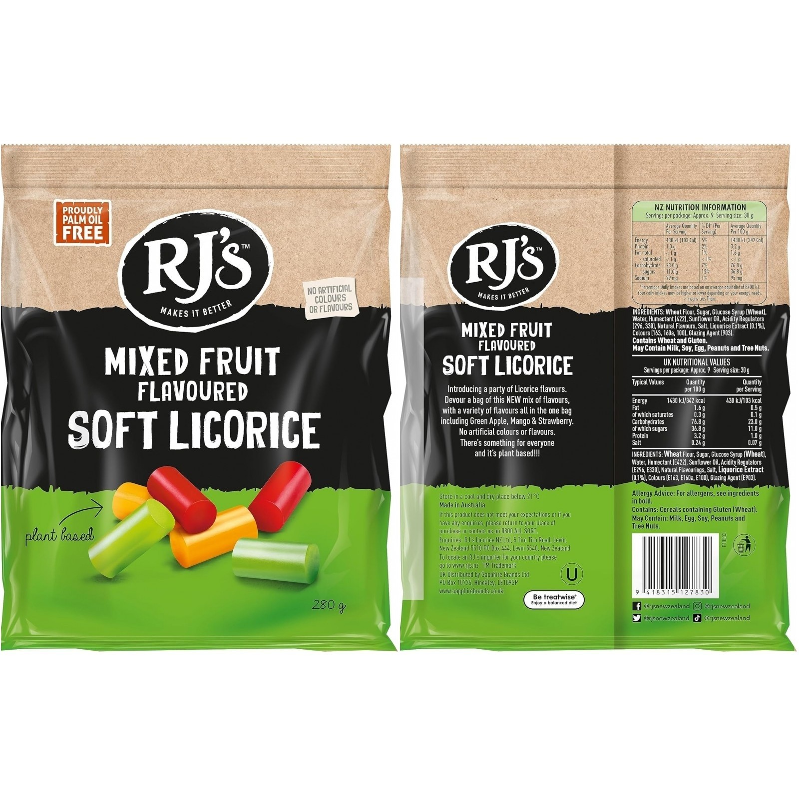 RJ's Licorice Mixed Fruit Flavoured Soft Licorice 280g BBE 03/05/2026