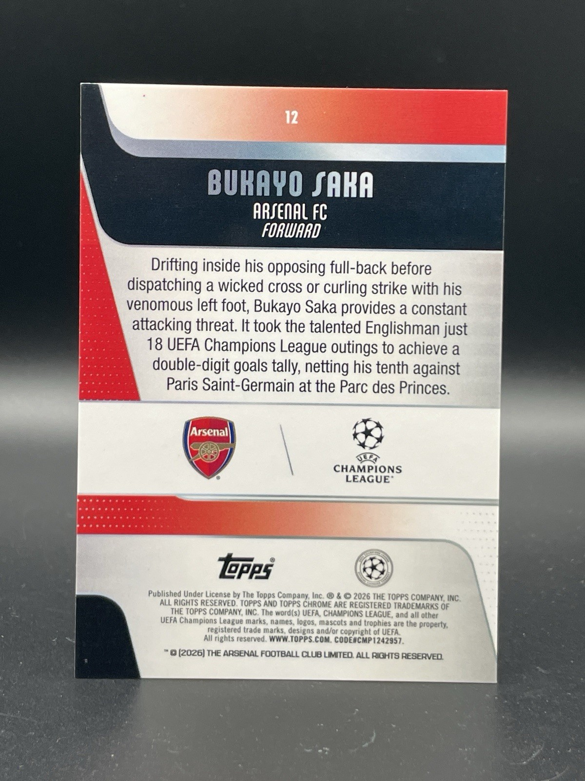 BUKAYO SAKA - 2026 Topps Chrome X-Fractor #12 - Arsenal / England view 2
