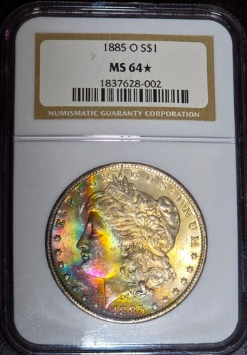 1885-O Morgan Silver Dollar NGC MS64 STAR Rainbow Neon Color Toned Coin UNC $1