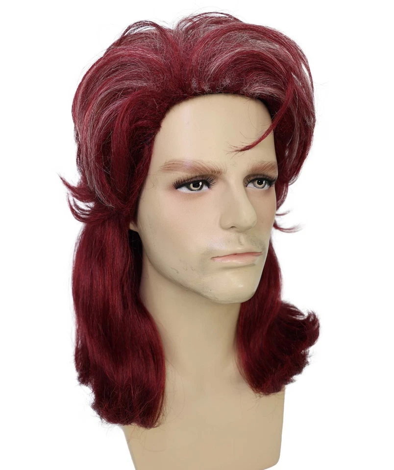 Peluca de vino borgoña en capas largas retro años 80 para hombre adulto | HM-1849 Foto 3 de 4