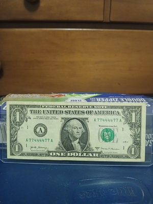 #ad A77444477A 1$ Bill Fancy Serial Number; RADAR BINARY SOLID 4 BOOKEND 🔥 🔥 $80.00