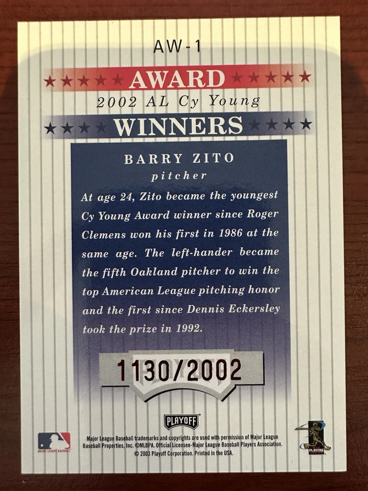 Playoff Prestige 2003 ganadores del premio Barry Zito #/2002 #AW-1 A's Insert Foto 2 de 2