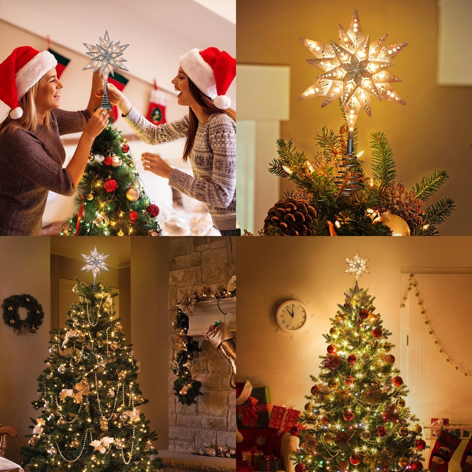 Silver Glittered Snowflake Tree Topper, 8 in 3D Christmas Tree Star ...