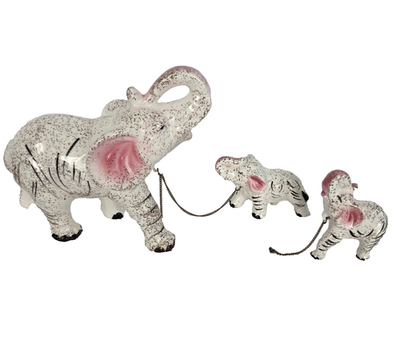 * vintage elephant ❀ * もふもふ 小さな 象さん Vintage Japan Ceramic Elephant Family Mom Two Babies Chained
