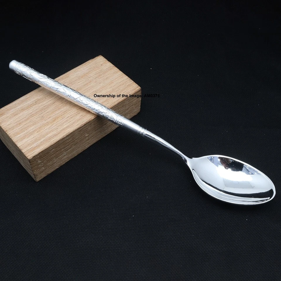 Pure 999 Fine Silver Soup Spoon Flatware Peony Handle Dinner Spoon 6.53inch L - Image 3 of 4