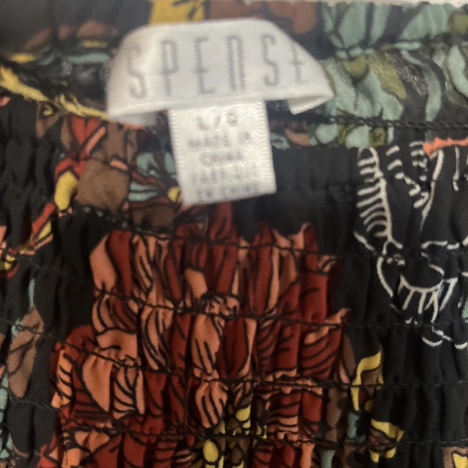 Spence blouse top smocked floral paisley black flowy boho peasant womens SZ L - Image 3 of 4