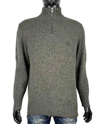 Fred Perry Herren Größe XL Pullover Wolle Grau Grün Stehkragen Half Zip Logo