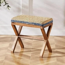 Footstool Natural Seagrass Footrest Pouf Ottomans with X Wooden