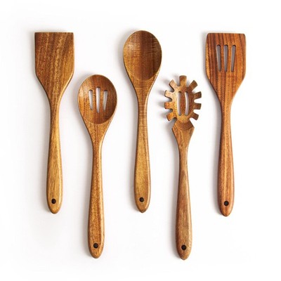 Acacia Wooden Spoons for Cooking: 5-Piece Kitchen & Cooking Utensils Set - Wo
