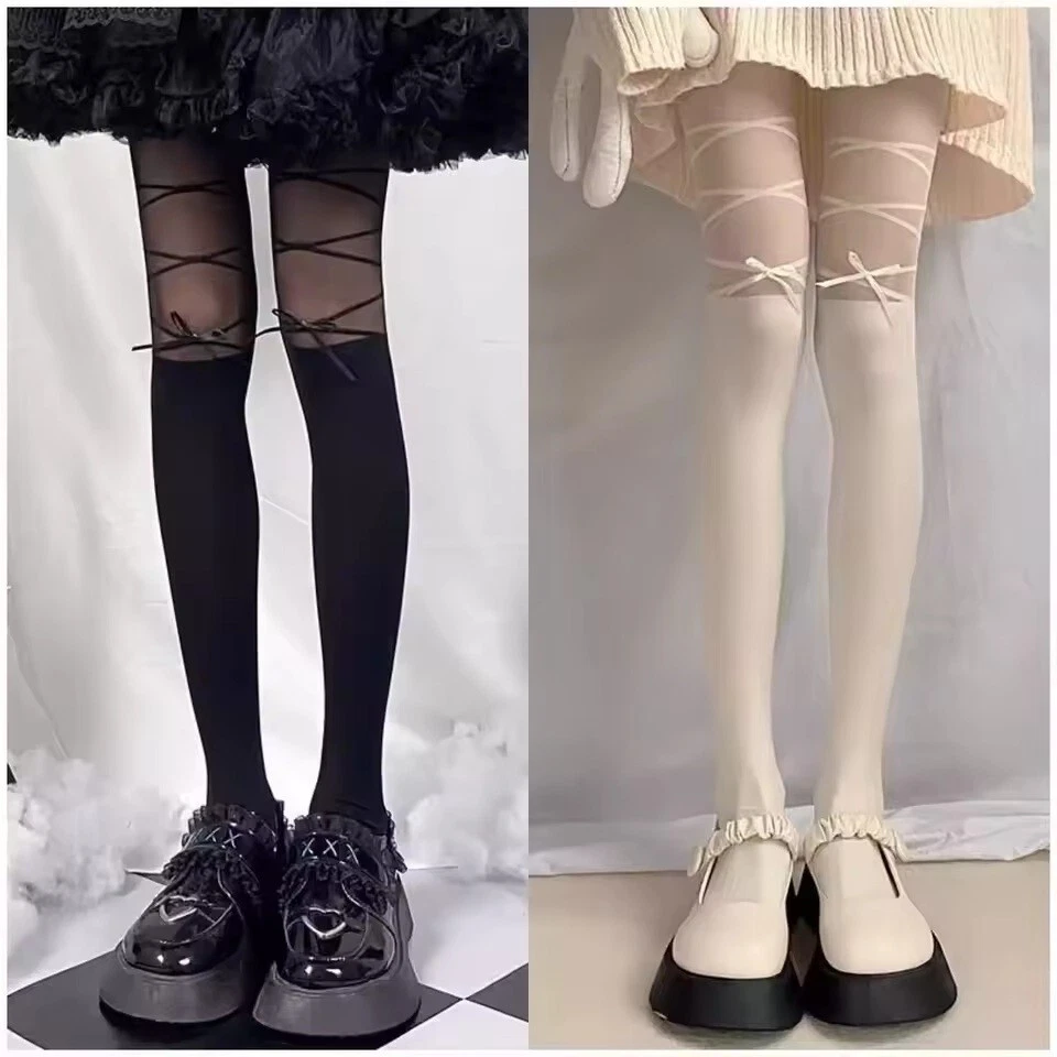BOWKNOT STRAPS PANTYHOSE TIGHTS BALLET STYLE MOCK FAUX THIGH HIGH STOCKINGS - Image 2 of 3