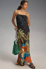 Farm Rio Maxi Slip Dress Starry Night Anthropologie Floral Black Tropical M NEW