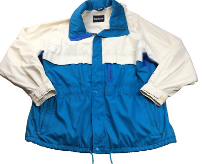 Helly-Hansen Womens Jacket Sz L Blue White Zip Snap Long Sleeve Hood Cinch Waist