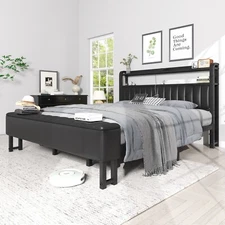 Full/Queen Bed Frame with Upholstered Storage Headboard ＆ Charging Station