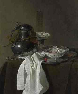 Blechschild Jan Jansz Treck Stillleben mit einem Zinnflagon und zwei Mingschalen A4