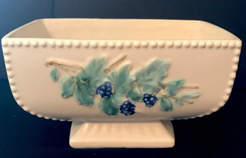 Vintage Mid Century McCoy Pottery White Footed Planter Rectangle Leaves Berries