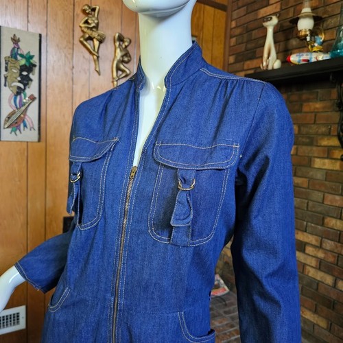 Vtg 70s 80s Disco Fredericks Of Hollywood Zip Front Dark Denim Jeans Jumpsuit M - Picture 3 of 9