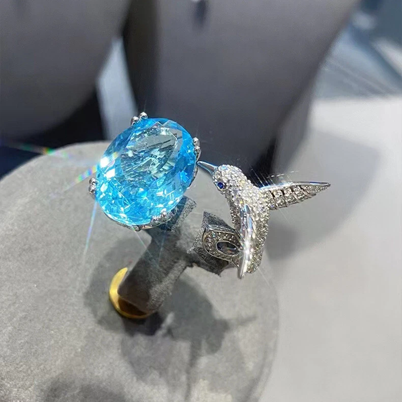 New Hummingbird 15mm Oval Blue Topaz Gemstone Special Women Luxury Silver Ring - Image 4 of 4