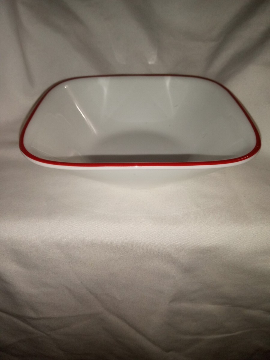 New Corelle Chelsea Rose Square Bowl Set No Flowers White Dark Red Trim  1/4
