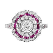 Art Deco Style Round Lab Created Diamond Red Ruby Wedding Ring 14K White Gold FN