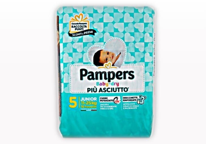4 CONFEZIONI di pampers baby-dry taglia 5 per 11-25 kg - 16 pannolini