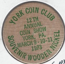1973, York, Pennsylvania Coin Club, 12th Annual Show, Token, GREEN Wooden Nickel
