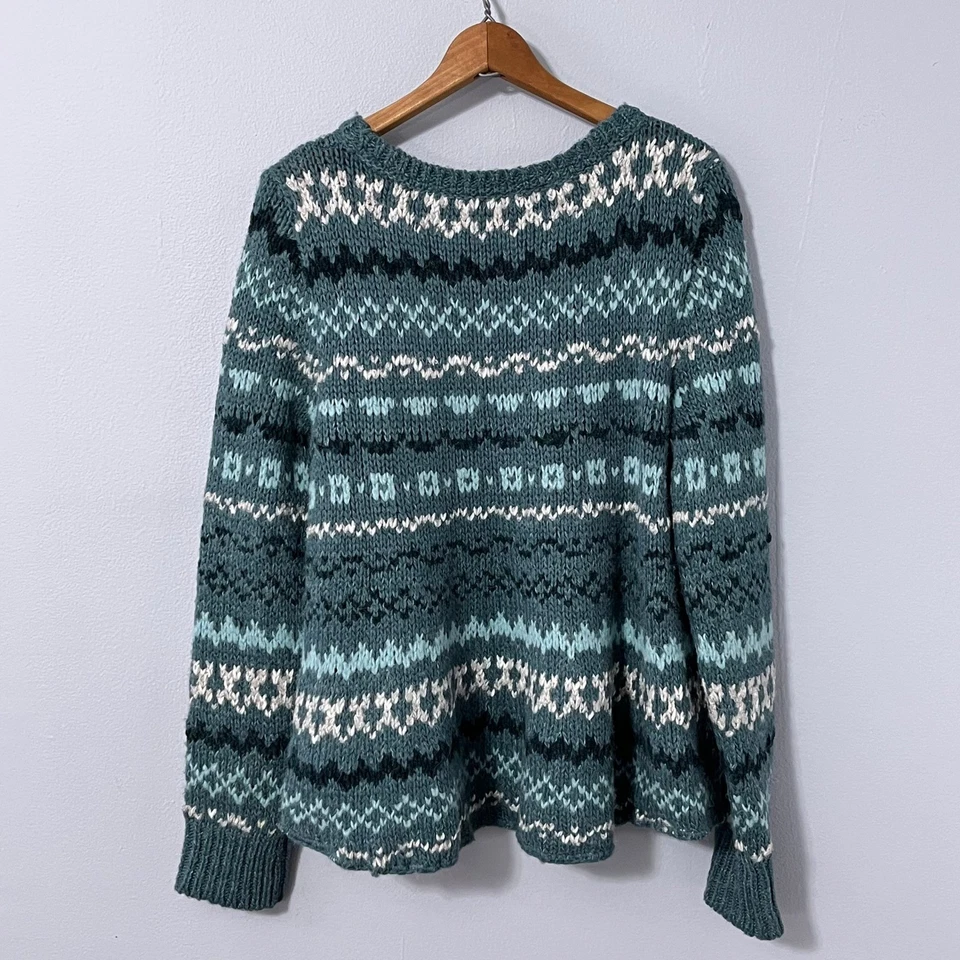 Free People Sweater Women Large Teal Fair Isle Pullover Knit Long Sleeve - Image 3 of 4
