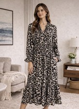 Vince Camuto Animal Print Midi Dress Size L Long Sleeve Smocked Waist Boho Chic