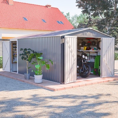 14x10FT Outdoor Metal Storage Shed Garden Tool Shed w/ Lockable Door & Side Door
