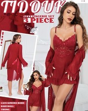 Women s Red Lace Babydoll Robe Gown 3pc Set Tie Long Sleeve Thong Bow