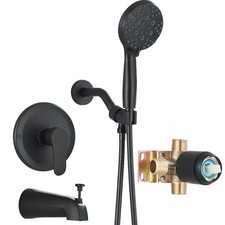 Black Tub Shower Faucet Set Valve Included with Handheld Spray and Tub Spout Kit
