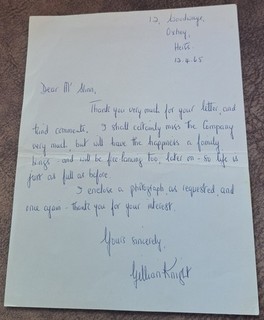 SIGNED HANWRITTEN LETTER Gillian Knight D`Oyly Carte Gilbert & Sullivan Theatre