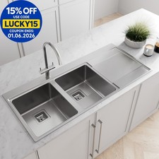 Kitchen Sink 2.0 Double Bowl RH Drainer Stainless Steel Modern Inset Waste Kit