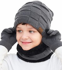 Kids Winter Beanie Hat Scarf Touchscreen Gloves Set for Boys Girls 4-15 Grey