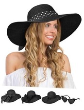 Sun Hats for Women, Wide Brim Floppy Beach Straw Hat for Summer X-Large Black