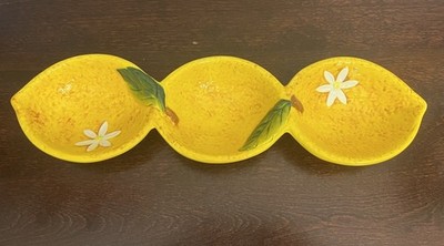 Vintage Pier 1 Dolomite Lemon Shaped Three Section Ceramic Serving Dish Barware