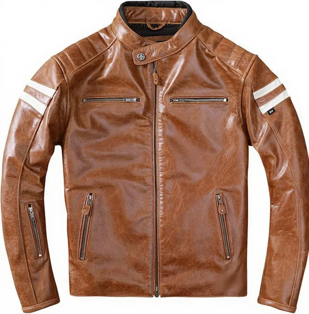 Men’s Brown Genuine Cowhide Leather Jacket CAFE Racer Biker Riding Jacket