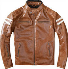 Giacca Uomo Marrone Vera Pelle di Vacchetta CAFE Racer Biker Giacca Equitazione