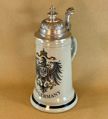 Original König Altdeutschland Keramik Bierkrug Zinndeckel Adler Wappen 24cm