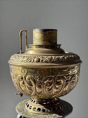 Antique Edward Miller JUNO Embossed Brass Hanging Oil Lamp Font LARGE!