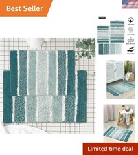 Cozy Cotton Bath Rugs Set - 2 Sizes, Non-Slip  Highly Absorbent  Teal Stripes
