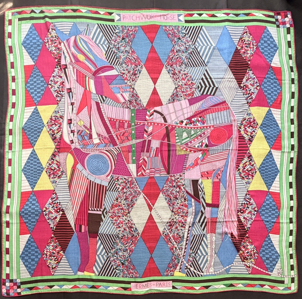 Hermes 140 Patchwork Horse Cashmere Silk Scarf